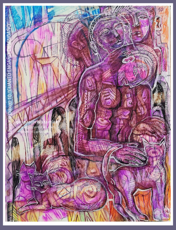 | "CUANTO ENGAÑO Y DESENGAÑO" | LIBRO XIV. Dibujo 10. 22x17cm. Tintas de bolígrafo de gel, rotuladores y diversas mixturas pictóricas y dibujísticas. 04-09-14_4_2022 / Colección particular.