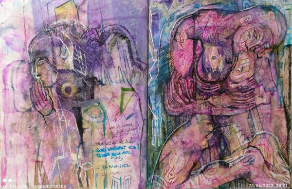 | "DUDAS |+| DUDAS" | | Doble página | LIBRO XIV. Dibujo 13. 22x17cm. Tintas de bolígrafo de gel, rotuladores y diversas mixturas pictóricas y dibujísticas. 17-24_5_2022 / Colección particular.