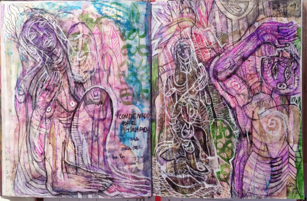 | "CONDENADO POR EL TIEMPO" | | Doble página | LIBRO XIV. Dibujo 14. 22x17cm. Tintas de bolígrafo de gel, rotuladores y diversas mixturas pictóricas y dibujísticas. 22_5-11_06_2022 / Colección particular.