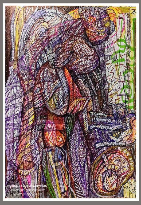 | "TIEMPO PELIGROSO" | LIBRO XIV. Dibujo 16. 22x17cm. Tintas de bolígrafo de gel, rotuladores y diversas mixturas pictóricas y dibujísticas. 29_9-05_10_2022 / Colección particular.