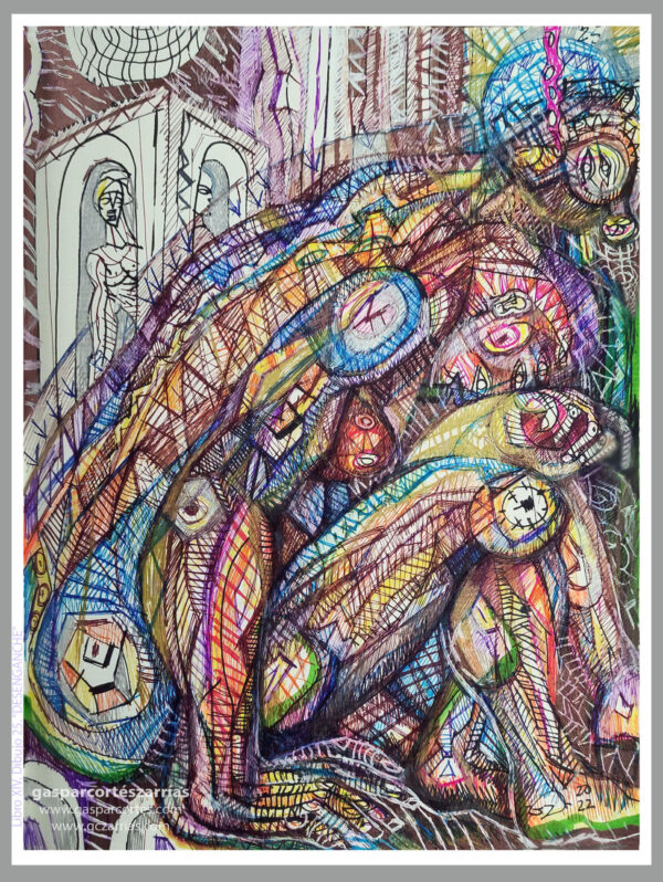 | "DESENGANCHE" | LIBRO XIV. Dibujo 25. 22x17cm. Tintas de bolígrafo de gel, rotuladores y diversas mixturas pictóricas y dibujísticas. 11-17_12_2022 / Colección particular.