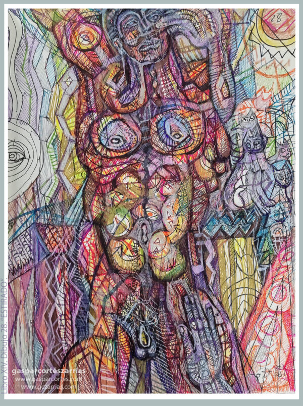 | "ESTIRADO / DOLOR DE INTESTINO" | LIBRO XIV. Dibujo 28. 22x17cm. Tintas de bolígrafo de gel, rotuladores y diversas mixturas pictóricas y dibujísticas. 05-09_01_2023 / Colección particular.