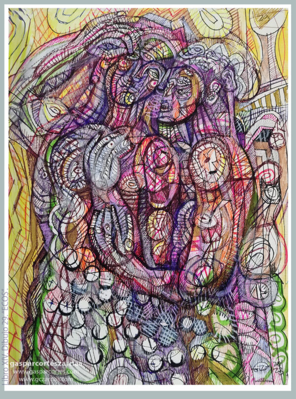 | "ECHOES / ECOS / DUALIDAD" | LIBRO XIV. Dibujo 29. 22x17cm. Tintas de bolígrafo de gel, rotuladores y diversas mixturas pictóricas y dibujísticas. 12-19_01_2023 / Colección particular.