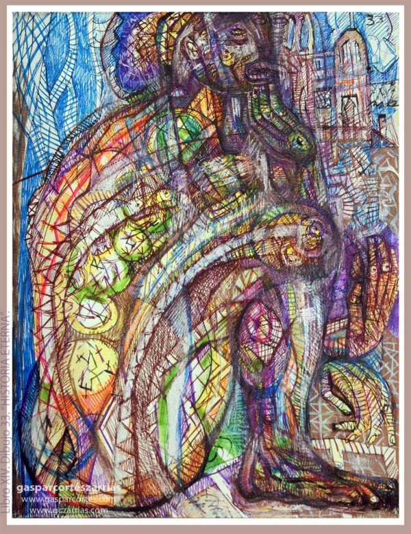 | "HISTORIA ETERNA" | LIBRO XIV. Dibujo 33. 22x17cm. Tintas de bolígrafo de gel, rotuladores y diversas mixturas pictóricas y dibujísticas. 14-20_02_2023 / Colección particular.