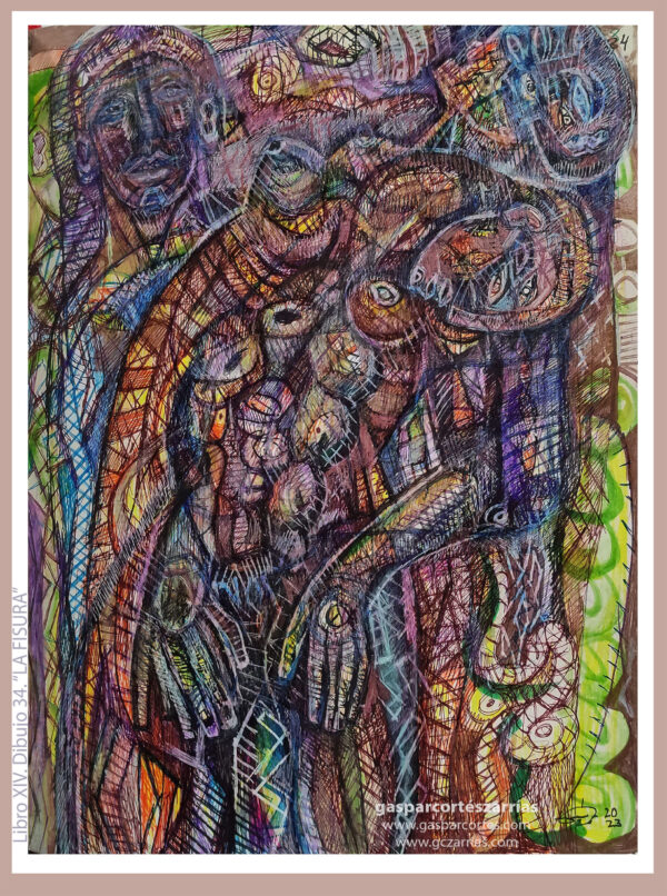 | "LA FISURA" | LIBRO XIV. Dibujo 34. 22x17cm. Tintas de bolígrafo de gel, rotuladores y diversas mixturas pictóricas y dibujísticas. 21_02_01_03_2023 / Colección particular.