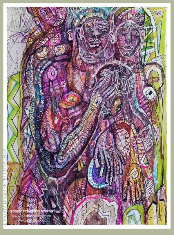 | "EL CONSUELO / EL DESCONSUELO" | LIBRO XIV. Dibujo 36. 22x17cm. Tintas de bolígrafo de gel, rotuladores y diversas mixturas pictóricas y dibujísticas. 17-27_04_2023 / Colección particular.