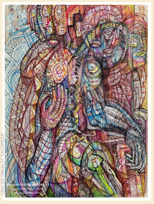 | "LA CORAZA" | LIBRO XIV. Dibujo 37. 22x17cm. Tintas de bolígrafo de gel, rotuladores y diversas mixturas pictóricas y dibujísticas. 27_03_09_04_2023 / Colección particular.