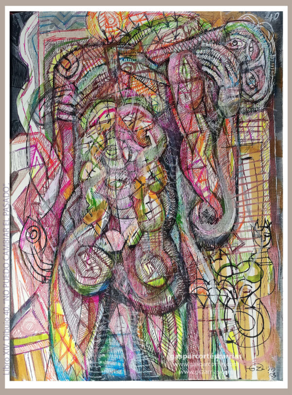 | "NO PUEDO CAMBIAR EL PASADO" | LIBRO XIV. Dibujo 40. 22x17cm. Tintas de bolígrafo de gel, rotuladores y diversas mixturas pictóricas y dibujísticas. 27_04_01_05_2023 / Colección particular.
