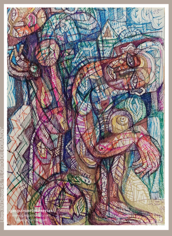 | "EL GRITO DEL CORAZÓN / LARGO RECORRIDO" | LIBRO XIV. Dibujo 45. 22x17cm. Tintas de bolígrafo de gel, rotuladores y diversas mixturas pictóricas y dibujísticas. 04-19_09_2023 / Colección particular.