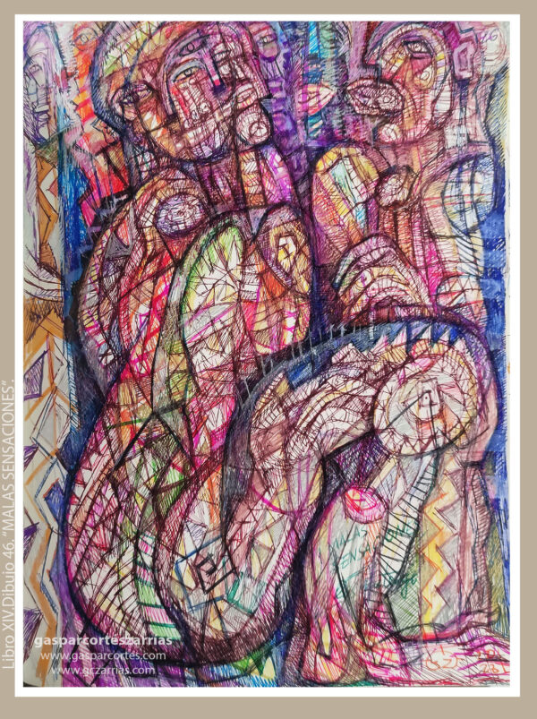 | "MALAS SENSACIONES" | LIBRO XIV. Dibujo 46. 22x17cm. Tintas de bolígrafo de gel, rotuladores y diversas mixturas pictóricas y dibujísticas. 20_09_09_10_2023 / Colección particular.