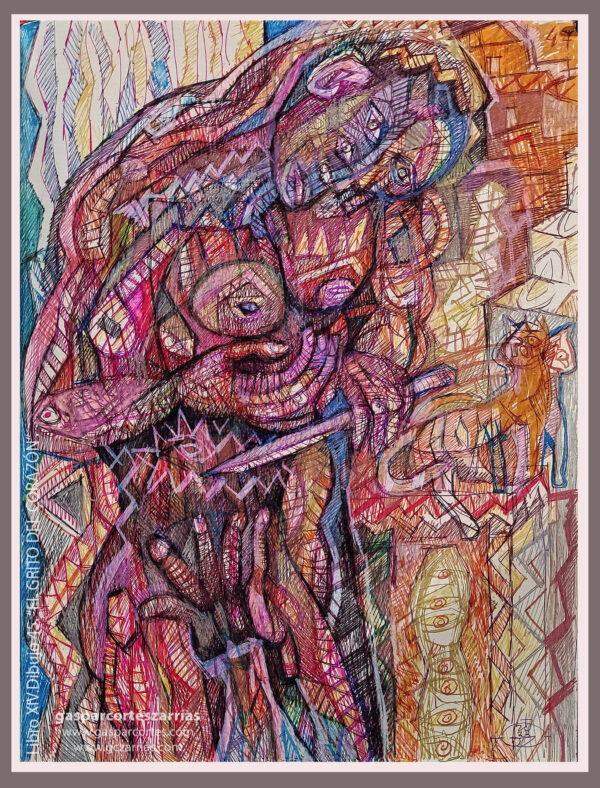 | "COSTADO ABIERTO DOLORIDO" | LIBRO XIV. Dibujo 47. 22x17cm. Tintas de bolígrafo de gel, rotuladores y diversas mixturas pictóricas y dibujísticas. 12-22_10_2023 / Colección particular.