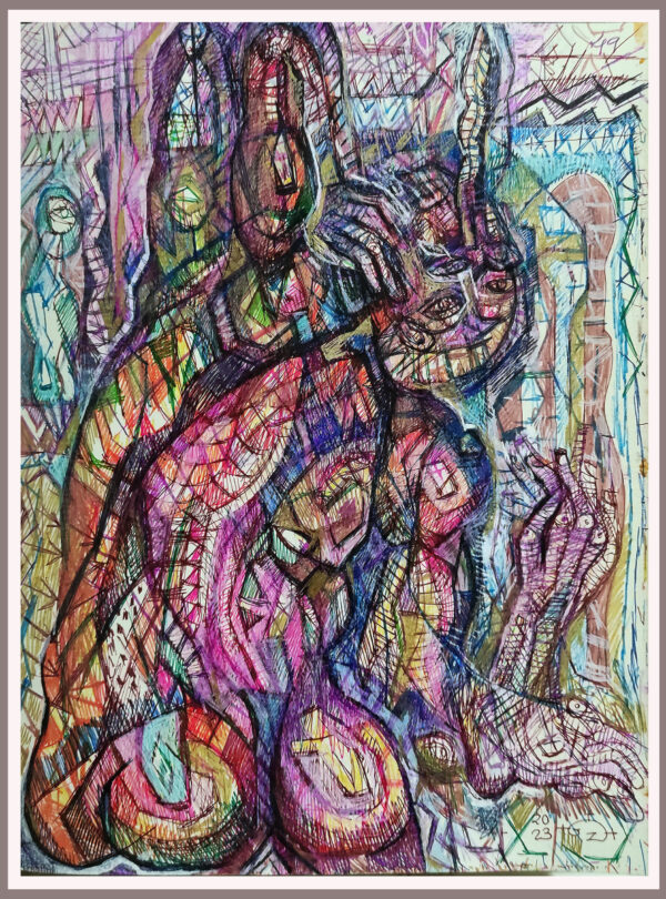 | "EL CÍRCULO DEL TIEMPO / RESURRECCIÓN / REGRESIÓN" | LIBRO XIV. Dibujo 49. 22x17cm. Tintas de bolígrafo de gel, rotuladores y diversas mixturas pictóricas y dibujísticas. 20-23_11_2023 / Colección particular.