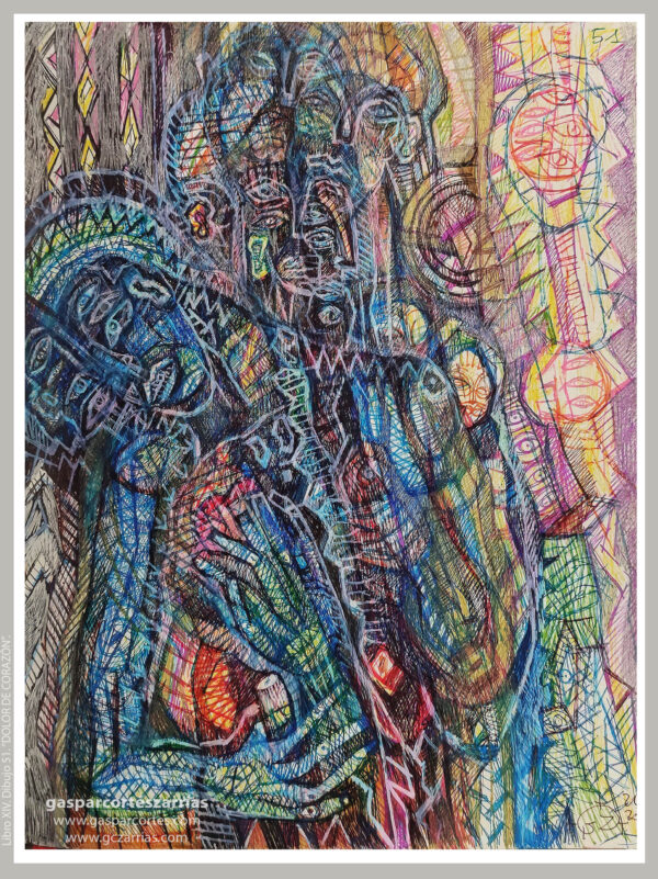 | "DOLOR EN EL CORAZÓN" | LIBRO XIV. Dibujo 51. 22x17cm. Tintas de bolígrafo de gel, rotuladores y diversas mixturas pictóricas y dibujísticas. 13-26_12_2023 / Colección particular.