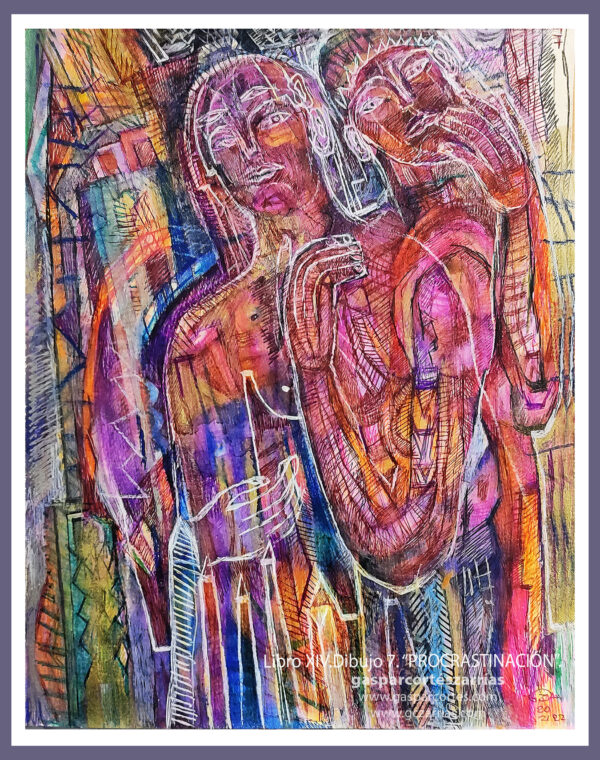 | "PROCRASTINACIÓN" | LIBRO XIV. Dibujo 7. 22x17cm. Tintas de bolígrafo de gel, rotuladores y diversas mixturas pictóricas y dibujísticas. 04-12_01-16_02_2022 / Colección particular.