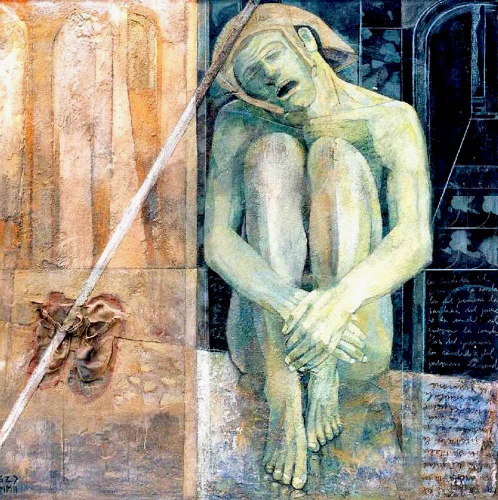 "LA SANDALIA DEL GUERRERO" Óleo, esmalte, pigmentos y polvo de mármol sobre madera. 185 x 185 cm. 2002