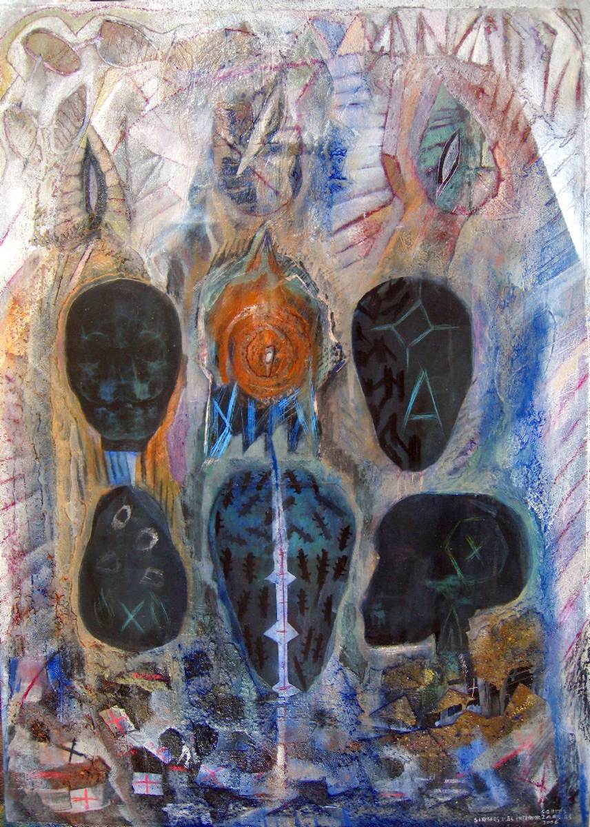 " LOS SIGNOS DEL INTERIOR" Collage, polvo de mármol, radiografías y óleo sobre madera. 90 x 65 cm. 2006