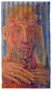 "RETRATO CON PLUMA" Polvo de mármol, pigmentos y óleo sobre collage y madera 61,5×35,5 cm. 2013.