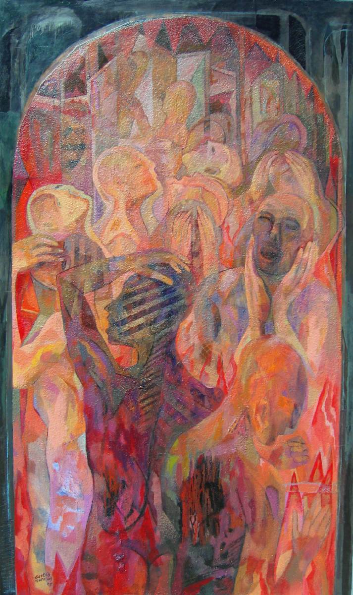 "DESDE EL INFIERNO" Óleo, collage y esmalte sobre madera 185 X 110 cm. 2005